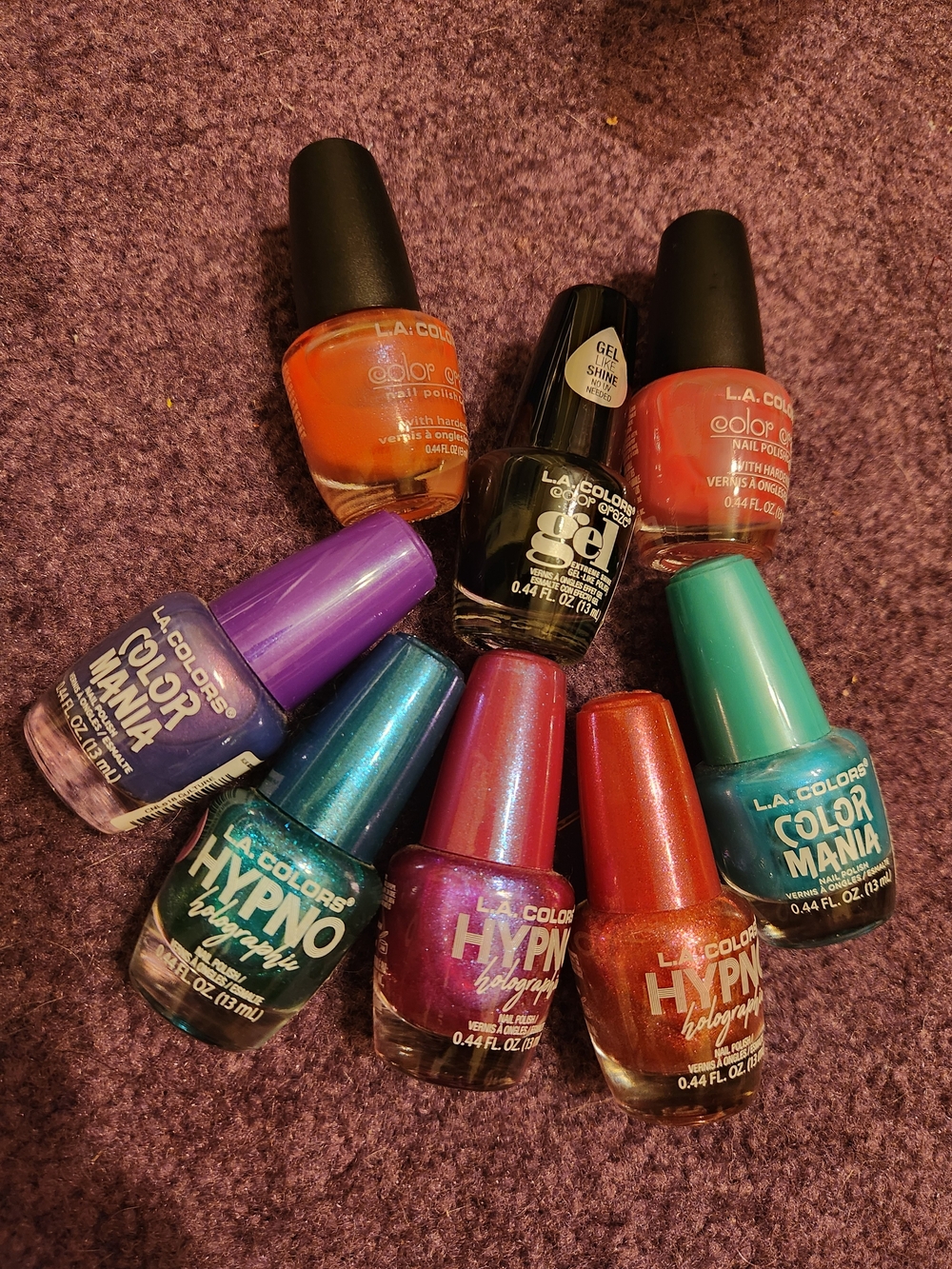 L.A. Colors Assorted Nail Polish Set in Purple, Teal, Orange, Red, Blue